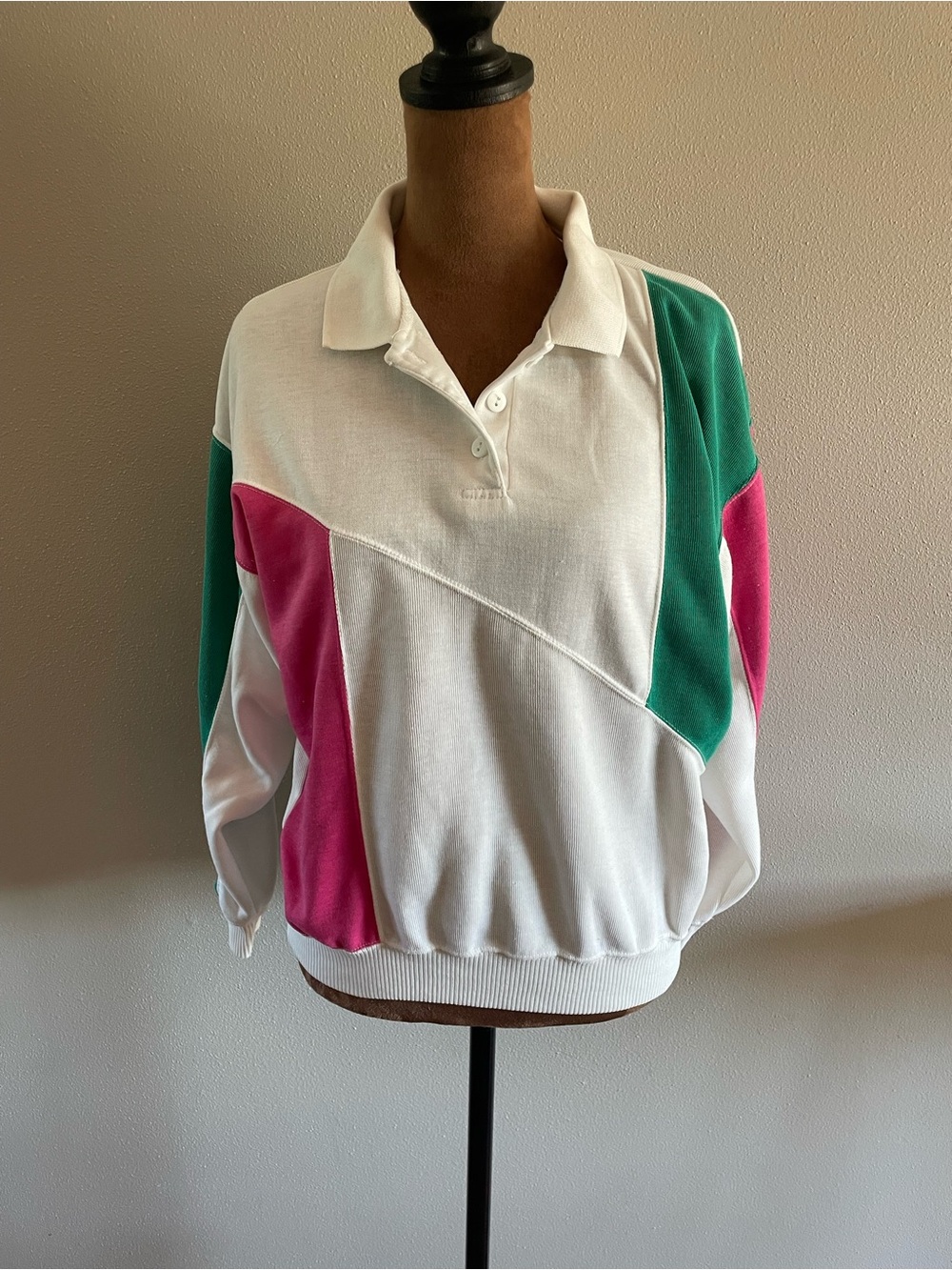 Vintage Bay Waters V-Neck Polo Pullover with Pink and Teal Colorblock Panels